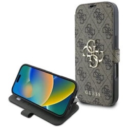 Husa tip carte iPhone 16 Plus Guess Book 4G, maro, GUBKP16M4GMGBR