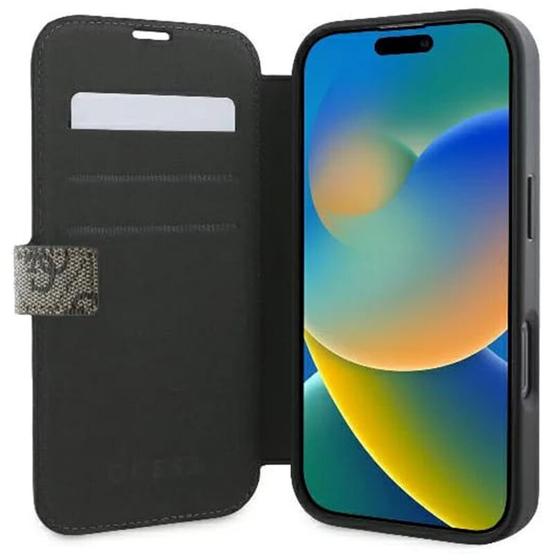 Husa tip carte iPhone 16 Plus Guess Book 4G, maro, GUBKP16M4GMGBR