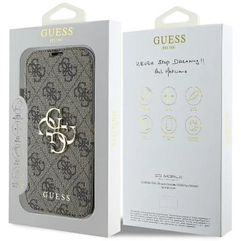 Husa tip carte iPhone 16 Plus Guess Book 4G, maro, GUBKP16M4GMGBR