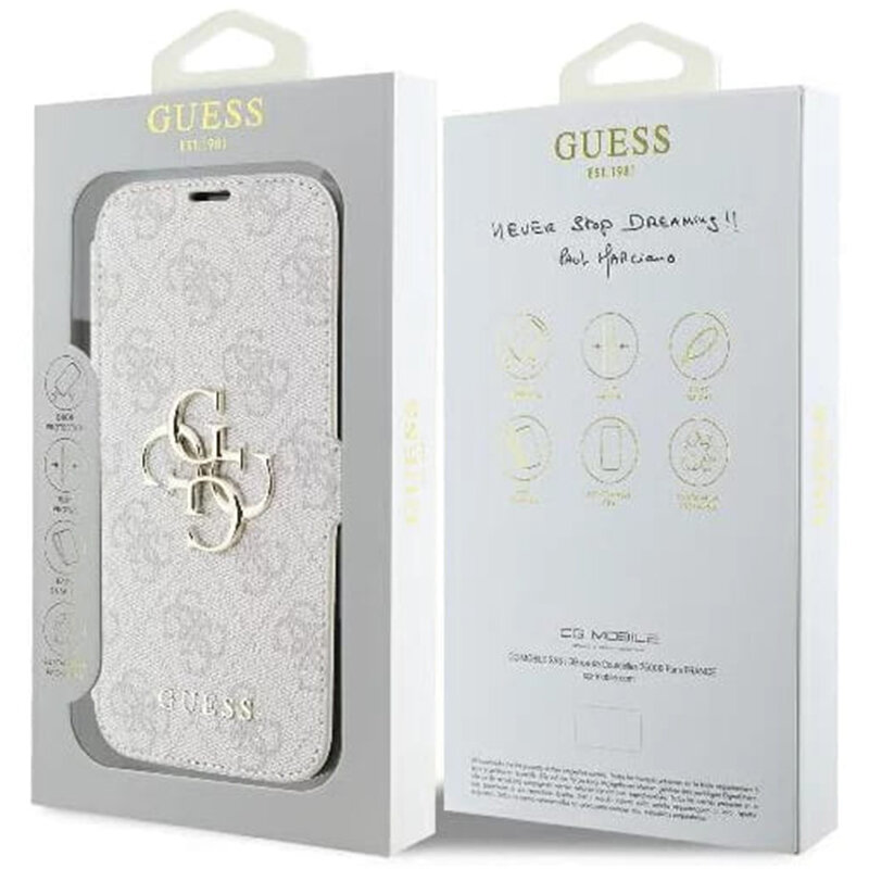 Husa tip carte iPhone 16 Plus Guess Book 4G, roz, GUBKP16M4GMGPII