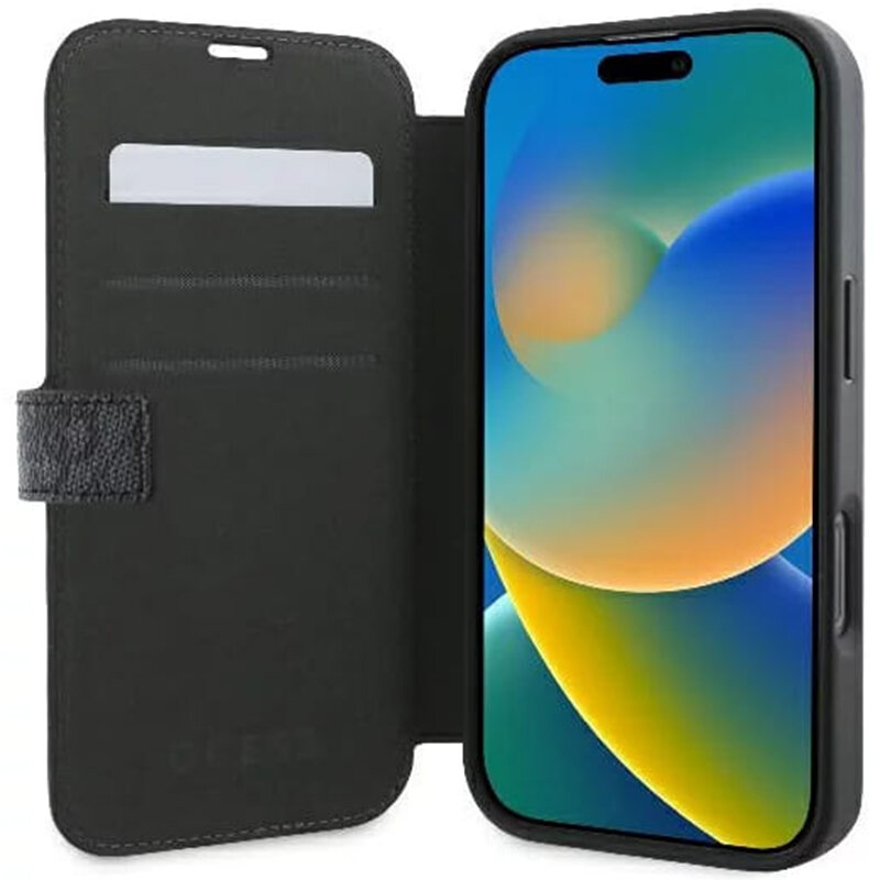 Husa tip carte iPhone 16 Guess Book 4G, negru, GUBKP16S4GMGGR