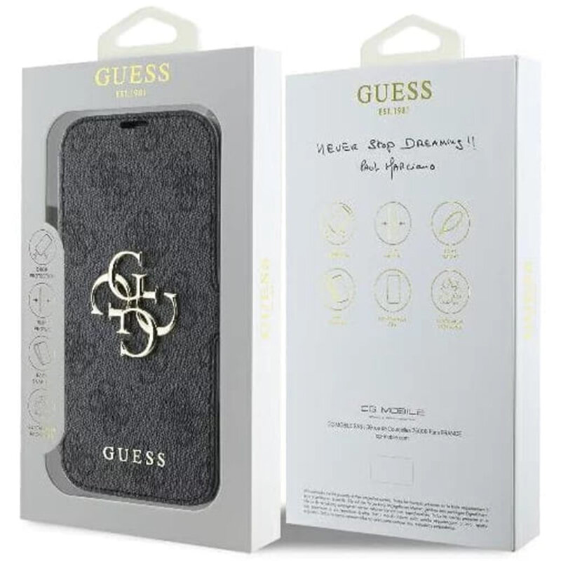 Husa tip carte iPhone 16 Guess Book 4G, negru, GUBKP16S4GMGGR
