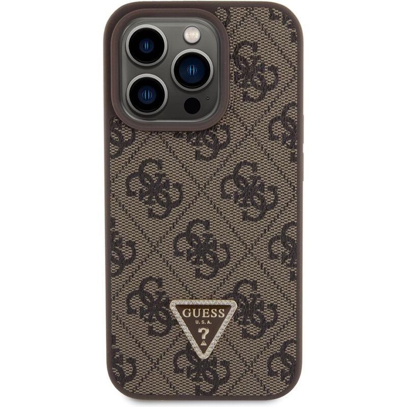 Husa iPhone 15 Pro Guess Leather 4G Triangle Strass, maro, GUHCP15LP4TDPW