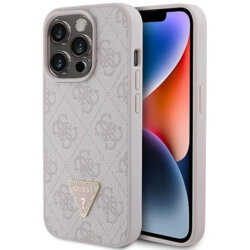 Husa iPhone 15 Pro Guess Leather 4G Triangle Strass, roz, GUHCP15LP4TDPP