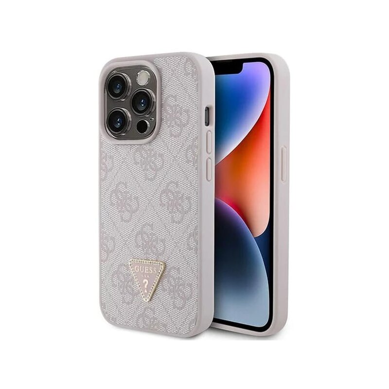 Husa iPhone 15 Pro Guess Leather 4G Triangle Strass, roz, GUHCP15LP4TDPP