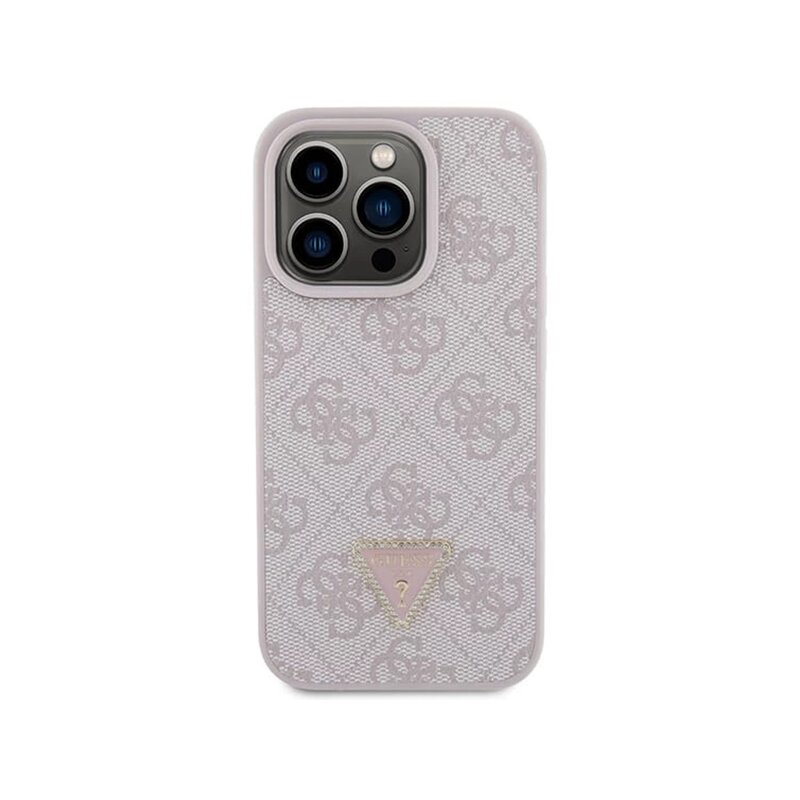 Husa iPhone 15 Pro Guess Leather 4G Triangle Strass, roz, GUHCP15LP4TDPP