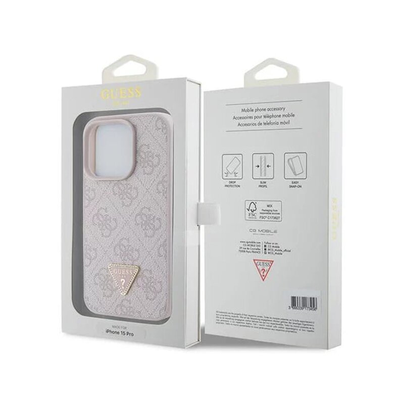 Husa iPhone 15 Pro Guess Leather 4G Triangle Strass, roz, GUHCP15LP4TDPP