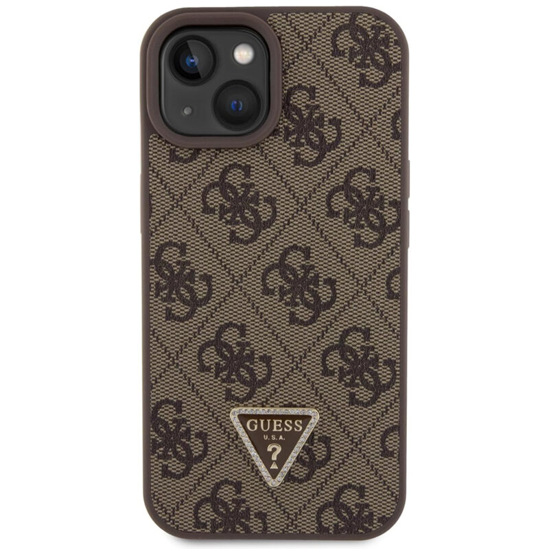 Husa iPhone 15 Guess Leather 4G Triangle Strass, maro, GUHCP15SP4TDPW