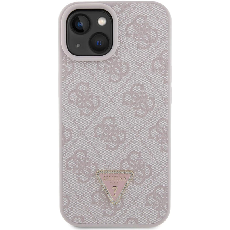 Husa iPhone 15 Guess Leather 4G Triangle Strass, roz, GUHCP15SP4TDPP