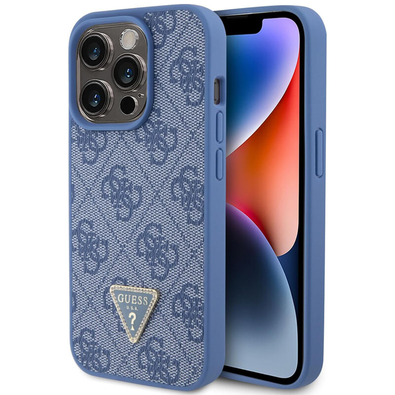 Husa iPhone 15 Pro Max Guess Leather 4G Triangle Strass, albastru, GUHCP15XP4TDPB