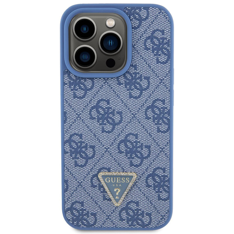 Husa iPhone 15 Pro Max Guess Leather 4G Triangle Strass, albastru, GUHCP15XP4TDPB