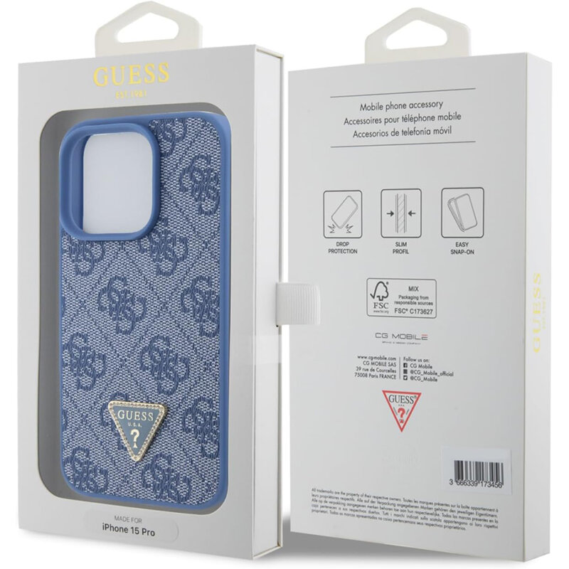 Husa iPhone 15 Pro Max Guess Leather 4G Triangle Strass, albastru, GUHCP15XP4TDPB