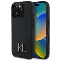 Husa Karl Lagerfeld iPhone 16 Pro Max Silicone MagSafe, Shadow Metal Initial, negru, KLHMP16XSCMKMPCK