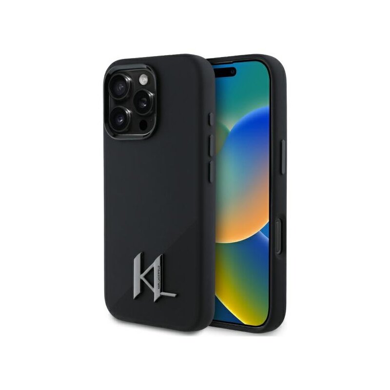 Husa Karl Lagerfeld iPhone 16 Pro Max Silicone MagSafe, Shadow Metal Initial, negru, KLHMP16XSCMKMPCK