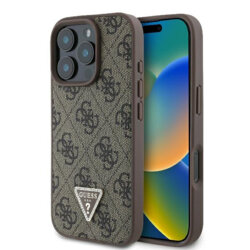Husa iPhone 16 Pro Guess Leather 4G Triangle Strass, maro, GUHCP16LP4TDPW