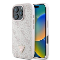 Husa iPhone 16 Pro Guess Leather 4G Triangle Strass, roz, GUHCP16LP4TDPP