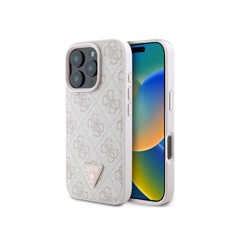 Husa iPhone 16 Pro Guess Leather 4G Triangle Strass, roz, GUHCP16LP4TDPP