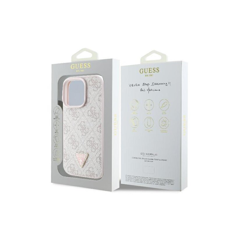 Husa iPhone 16 Pro Guess Leather 4G Triangle Strass, roz, GUHCP16LP4TDPP
