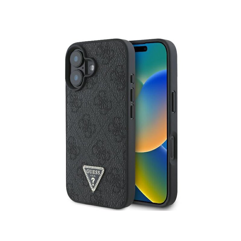 Husa iPhone 16 Plus Guess Leather 4G Triangle Strass, negru, GUHCP16MP4TDPK