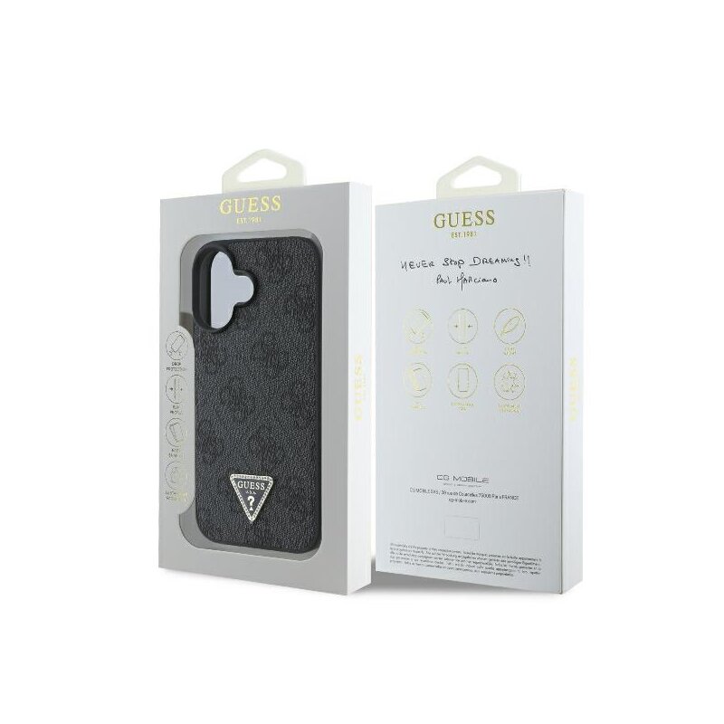Husa iPhone 16 Plus Guess Leather 4G Triangle Strass, negru, GUHCP16MP4TDPK