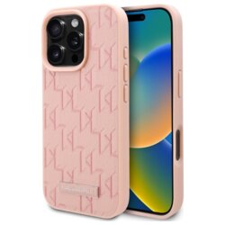 Husa iPhone 16 Pro Max Karl Lagerfeld Leather MagSafe, Hot Stamp, roz, KLHMP16XPKHPORPP