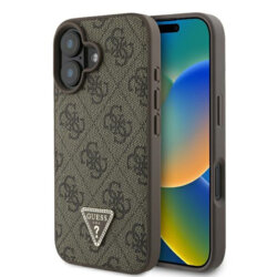 Husa iPhone 16 Guess Leather 4G Triangle Strass, maro, GUHCP16SP4TDPW