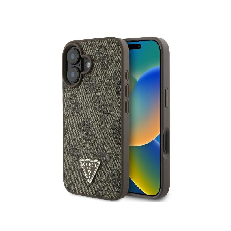 Husa iPhone 16 Guess Leather 4G Triangle Strass, maro, GUHCP16SP4TDPW