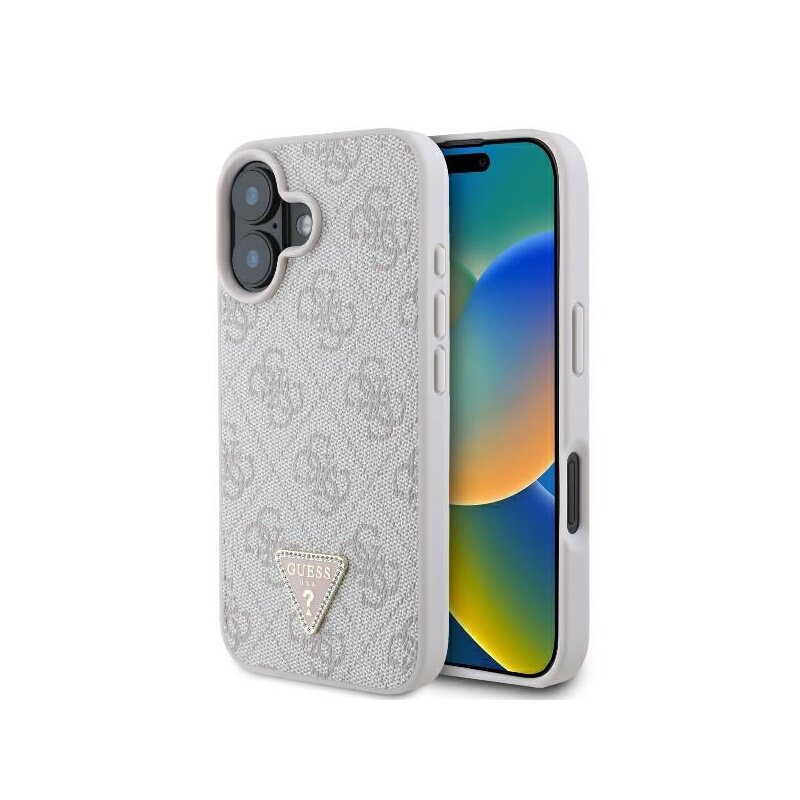 Husa iPhone 16 Guess Leather 4G Triangle Strass, roz, GUHCP16SP4TDPP