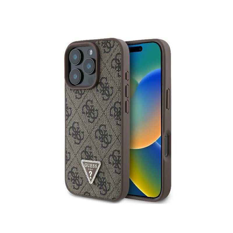 Husa iPhone 16 Pro Max Guess Leather 4G Triangle Strass, maro, GUHCP16XP4TDPW