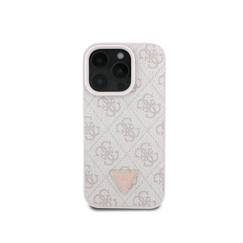 Husa iPhone 16 Pro Max Guess Leather 4G Triangle Strass, roz, GUHCP16XP4TDPP
