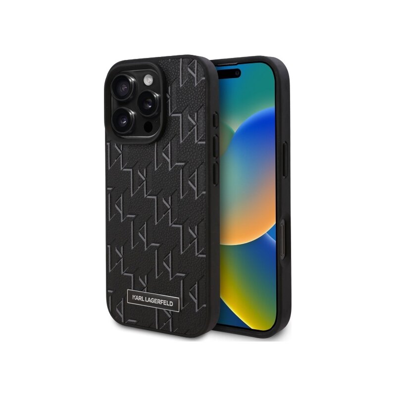 Husa iPhone 16 Pro Max Karl Lagerfeld Leather MagSafe, Monogram Metal Logo, negru, KLHMP16XPKHPORPK