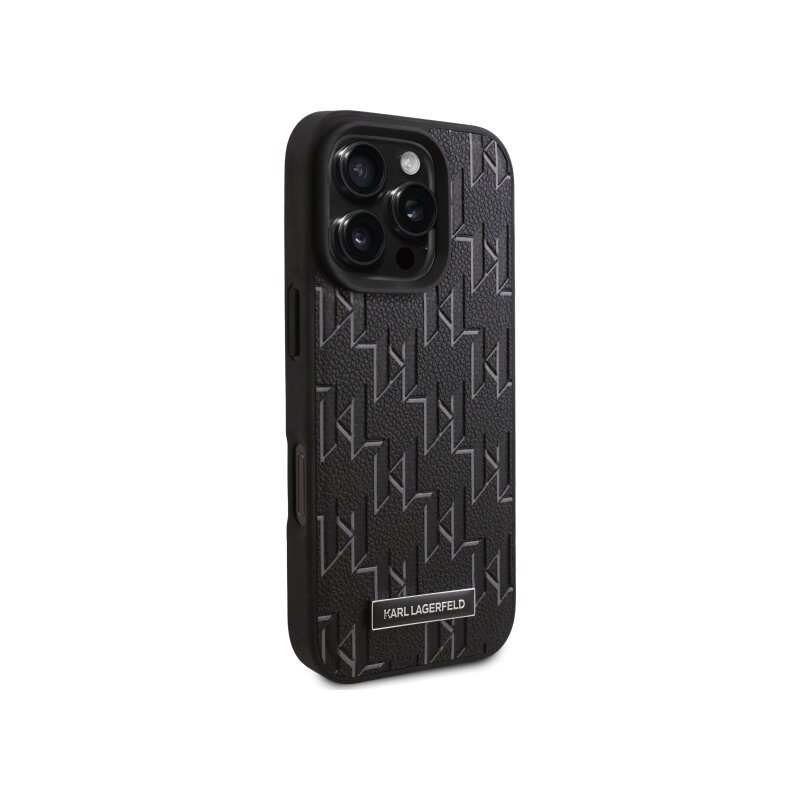 Husa iPhone 16 Pro Max Karl Lagerfeld Leather MagSafe, Monogram Metal Logo, negru, KLHMP16XPKHPORPK