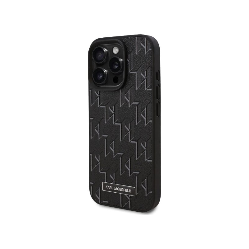 Husa iPhone 16 Pro Max Karl Lagerfeld Leather MagSafe, Monogram Metal Logo, negru, KLHMP16XPKHPORPK