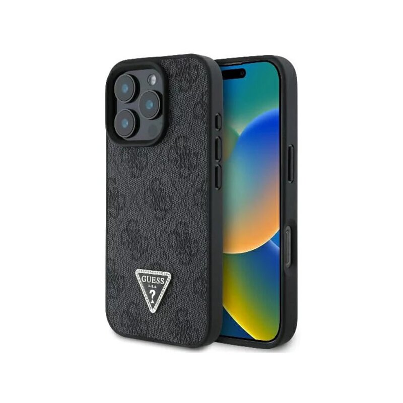 Husa iPhone 16 Pro Max Guess Leather 4G Triangle Strass, negru, GUHCP16XP4TDPK