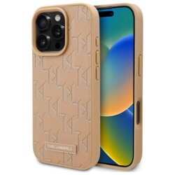 Husa iPhone 16 Pro Max Karl Lagerfeld Leather MagSafe, Hot Stamp, bej, KLHMP16XPKHPORPE