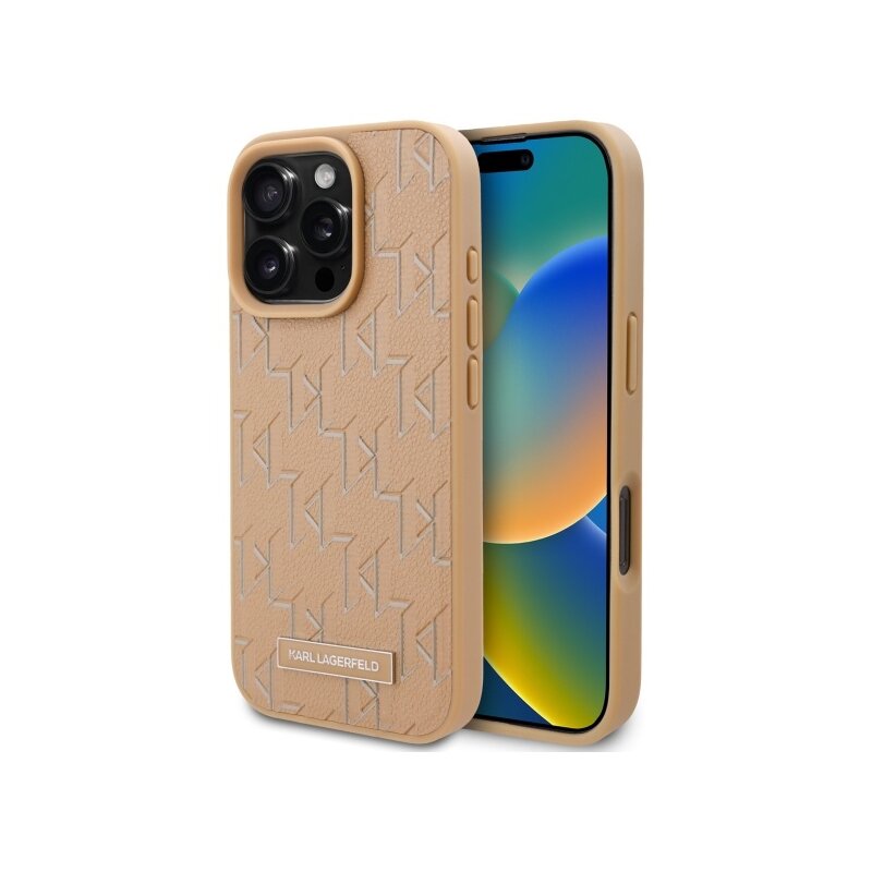 Husa iPhone 16 Pro Max Karl Lagerfeld Leather MagSafe, Hot Stamp, bej, KLHMP16XPKHPORPE