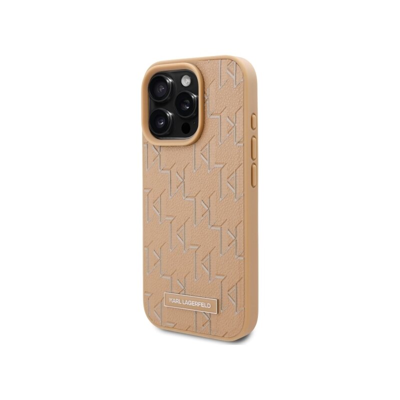Husa iPhone 16 Pro Max Karl Lagerfeld Leather MagSafe, Hot Stamp, bej, KLHMP16XPKHPORPE