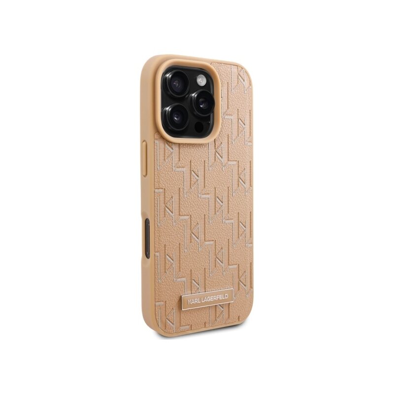 Husa iPhone 16 Pro Max Karl Lagerfeld Leather MagSafe, Hot Stamp, bej, KLHMP16XPKHPORPE