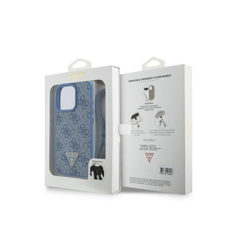 Husa iPhone 16 Pro Guess Leather Metal Logo Strass Crossbody, albastru, GUHCP16LP4TDSCPB