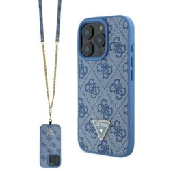 Husa iPhone 16 Pro Max Guess Leather Metal Logo Strass Crossbody, albastru, GUHCP16XP4TDSCPB