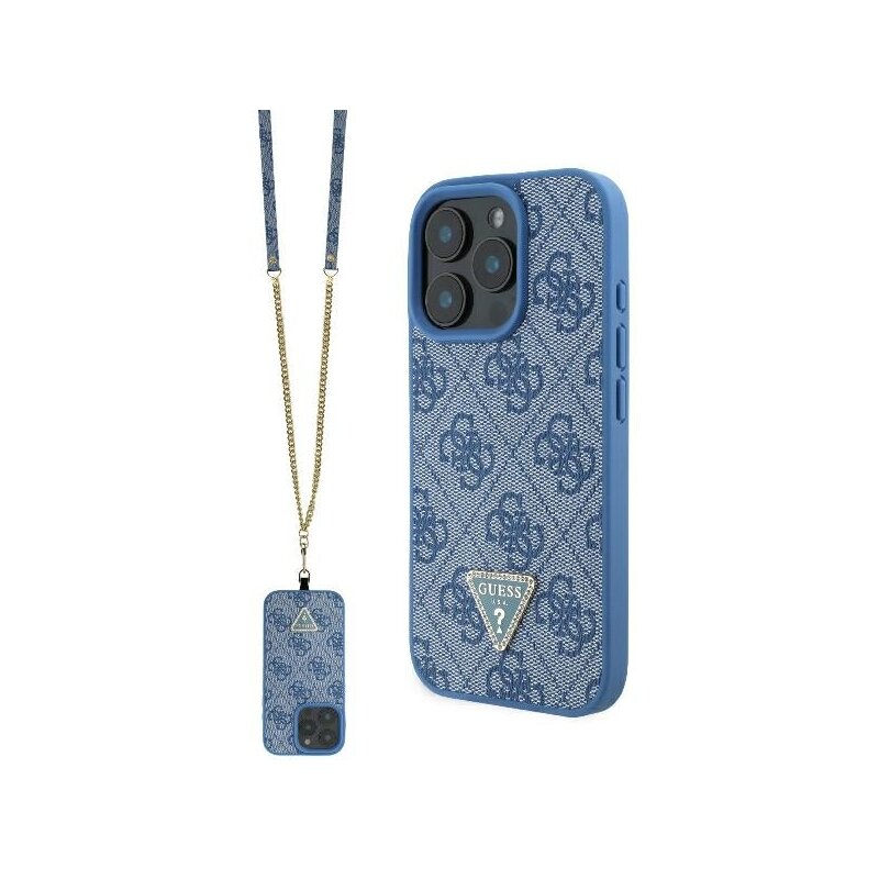 Husa iPhone 16 Pro Max Guess Leather Metal Logo Strass Crossbody, albastru, GUHCP16XP4TDSCPB