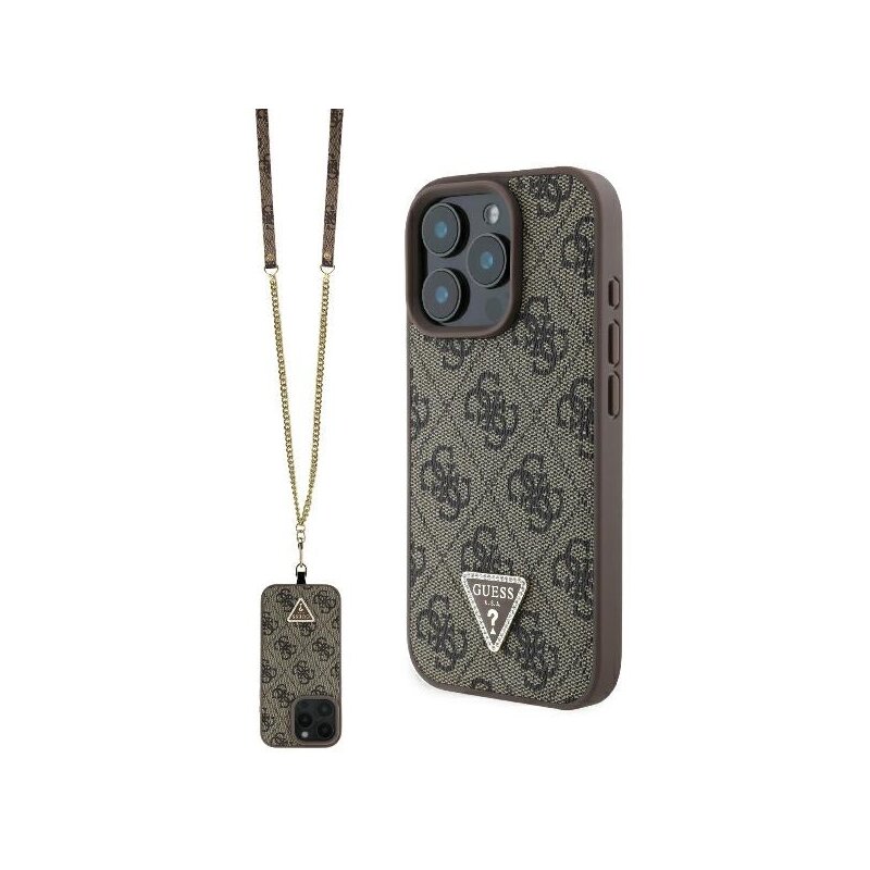 Husa iPhone 16 Pro Max Guess Leather Metal Logo Strass Crossbody, maro, GUHCP16XP4TDSCPW