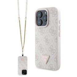 Husa iPhone 16 Pro Max Guess Leather Metal Logo Strass Crossbody, roz, GUHCP16XP4TDSCPP