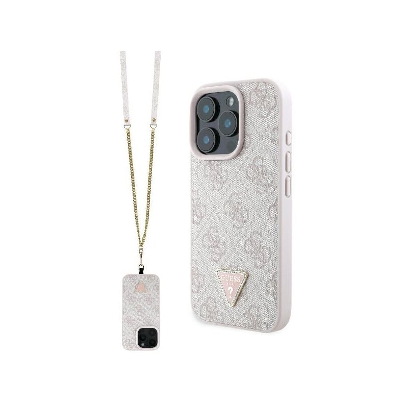 Husa iPhone 16 Pro Max Guess Leather Metal Logo Strass Crossbody, roz, GUHCP16XP4TDSCPP