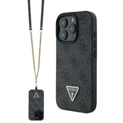 Husa iPhone 16 Pro Max Guess Leather Metal Logo Strass Crossbody, negru, GUHCP16XP4TDSCPK