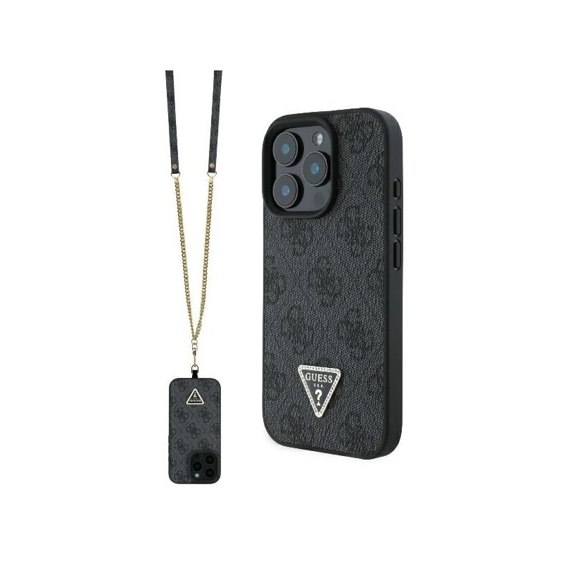Husa iPhone 16 Pro Max Guess Leather Metal Logo Strass Crossbody, negru, GUHCP16XP4TDSCPK