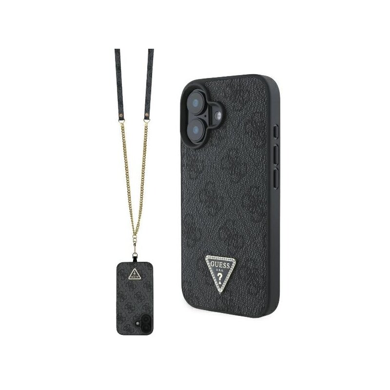 Husa iPhone 16 Guess Leather Metal Logo Strass Crossbody, negru, GUHCP16SP4TDSCPK