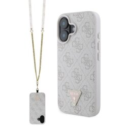 Husa iPhone 16 Guess Leather Metal Logo Strass Crossbody, roz, GUHCP16SP4TDSCPP
