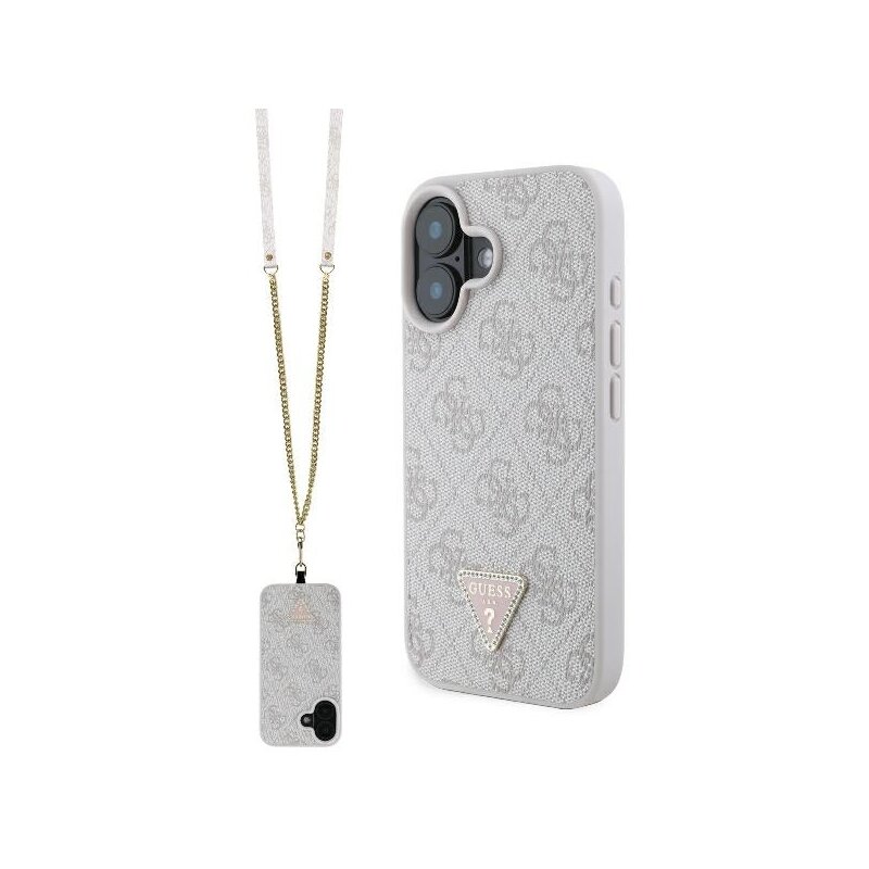 Husa iPhone 16 Guess Leather Metal Logo Strass Crossbody, roz, GUHCP16SP4TDSCPP