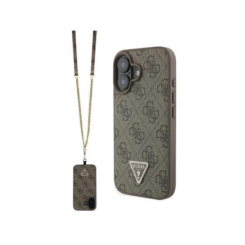 Husa iPhone 16 Guess Leather Metal Logo Strass Crossbody, maro, GUHCP16SP4TDSCPW